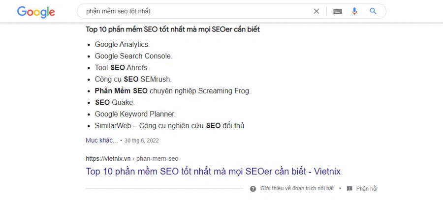 Featured snippet dạng bảng